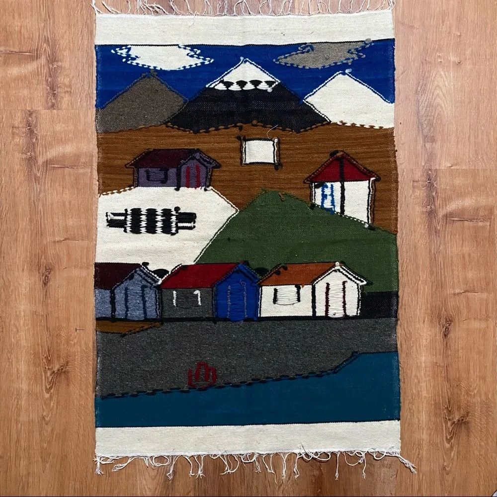 Vintage Blue Green Brown Mountain Village Tapestry